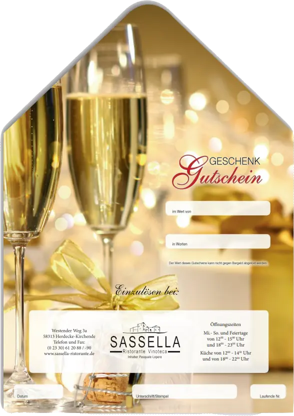gutschein_sassella-ristorante Geschenkgutschein von Sassella Ristorante mit Sektgläsern und Platz für persönliche Angaben.